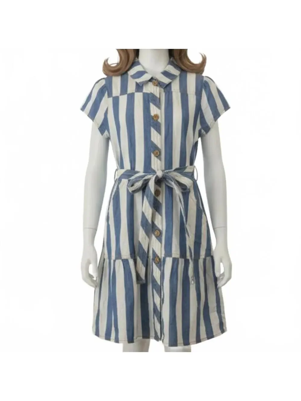 DRESS Blue and White Striped Button-Up Dress with Belt size M by wonder nation